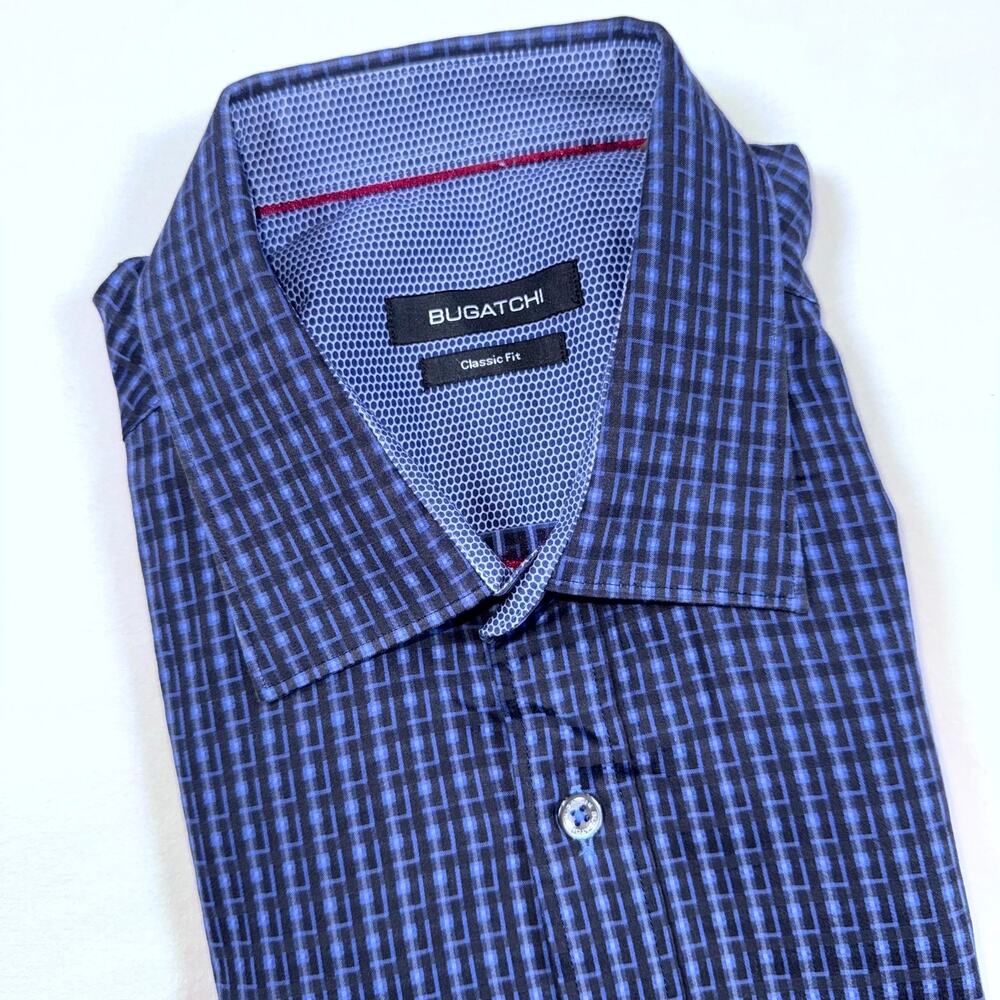 Bugatchi Classic Fit Shirt Mens Large Blue Plaid 100% Cotton Long Sleeve Casual